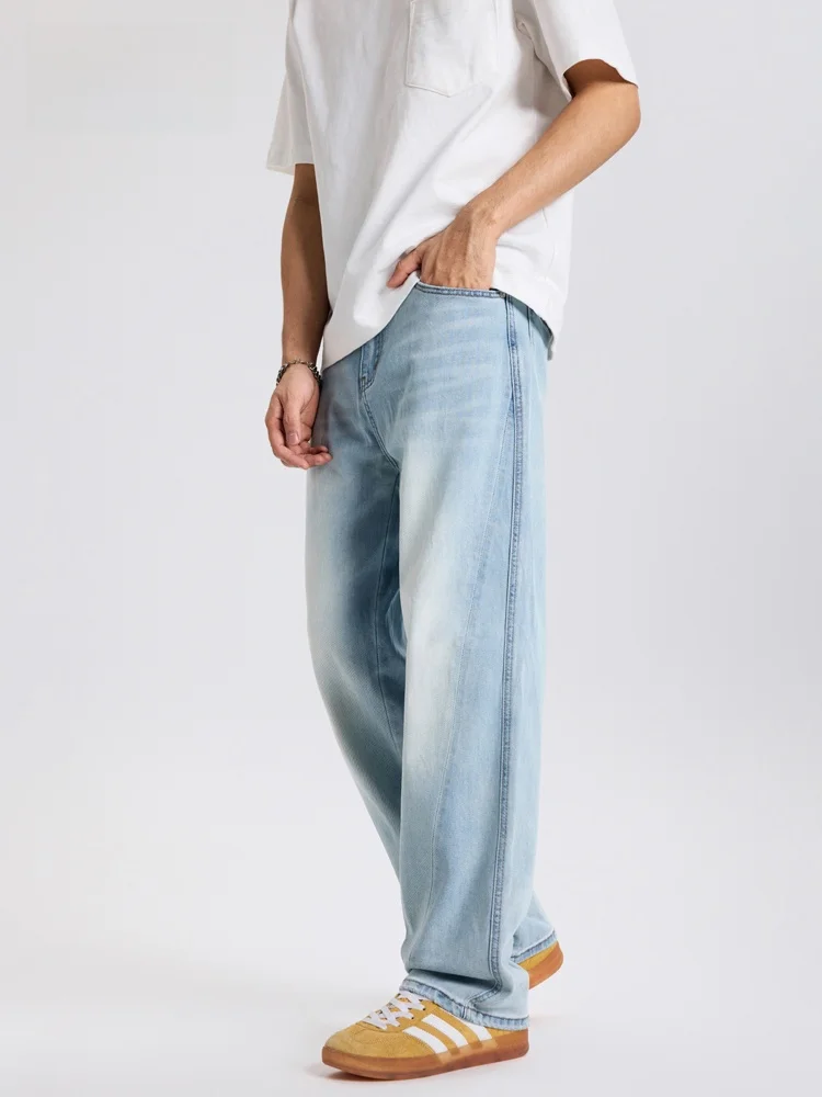 

JFU Summer New American Retro Waed Straight Leg Jeans Men Loose Wide Leg Casual Long Pants Youth Faion Wear Resistant