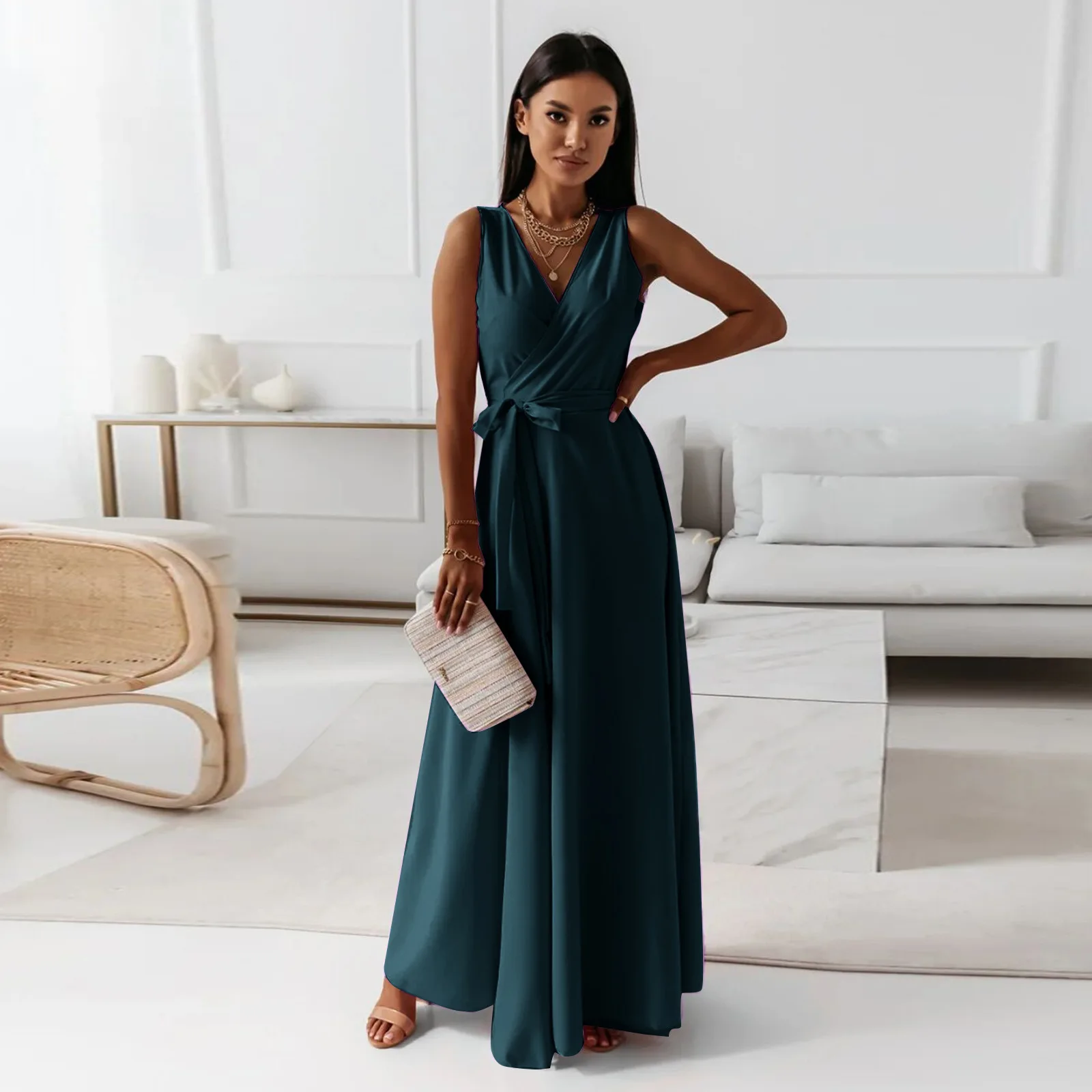 2025 sommer Neue Mode frauen Kleid Tie-neck V-ausschnitt Lange Abendkleid Kleid für Frauen Party Gala – Detail 6