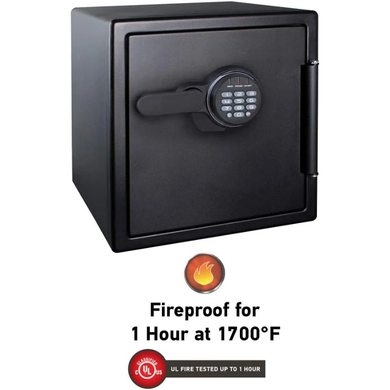 Fireproof and Waterproof Black Steel Home Safe with Digital Keypad Lock and Organization Trays for Money, Documents