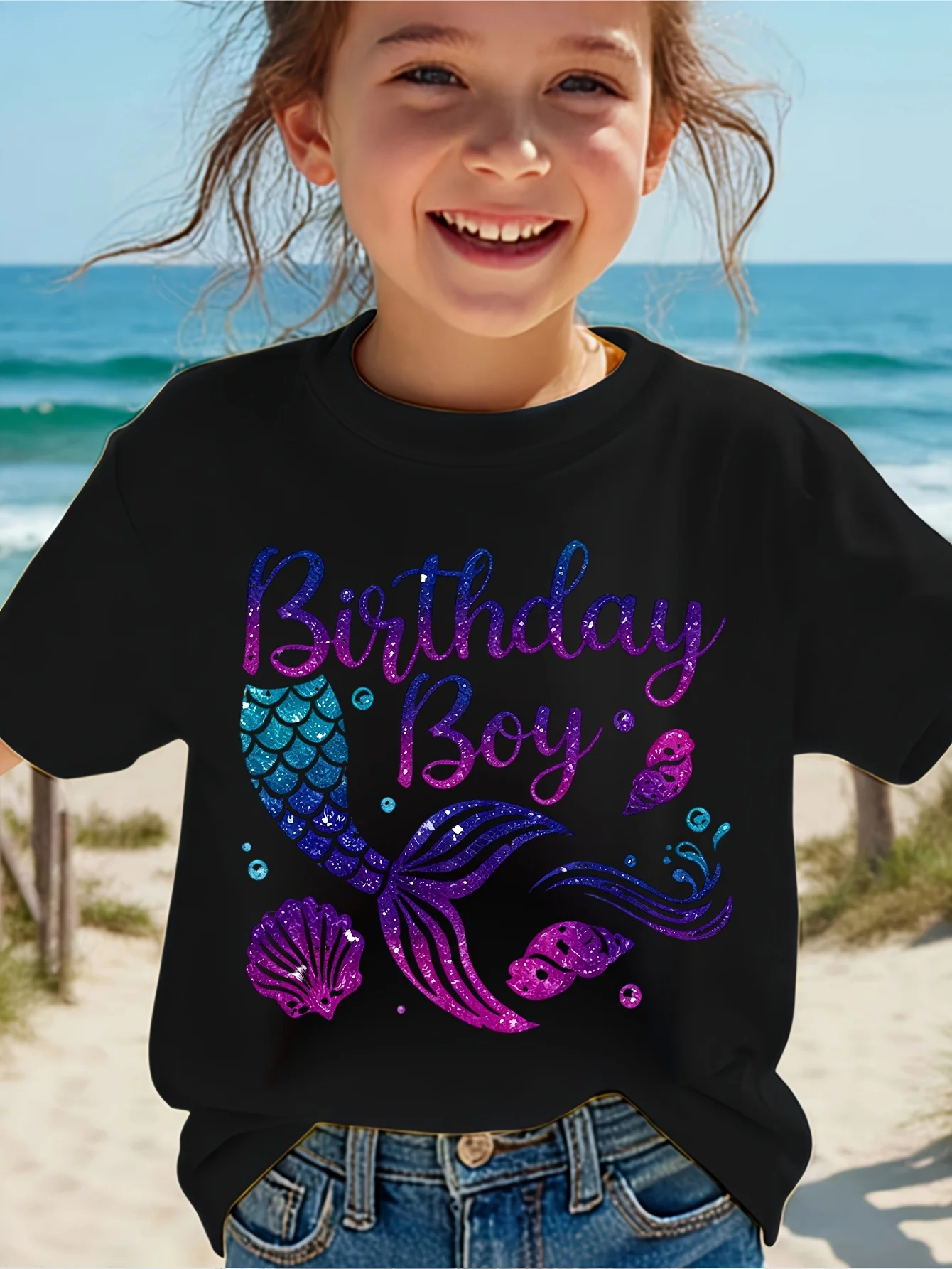 Cute Birthday Boy Mermaid Tail Seashell Graphic Family Matching T Shirt Boys Girls Short Sleeve Tees Parent Kid Summer Tops