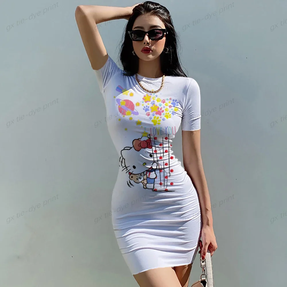 

Women Dress Summer Fashion Sexy O-Neck Wrapped Hip Hello Kitty Print Women's Dress Printed Tight Sleeveless Short Dress