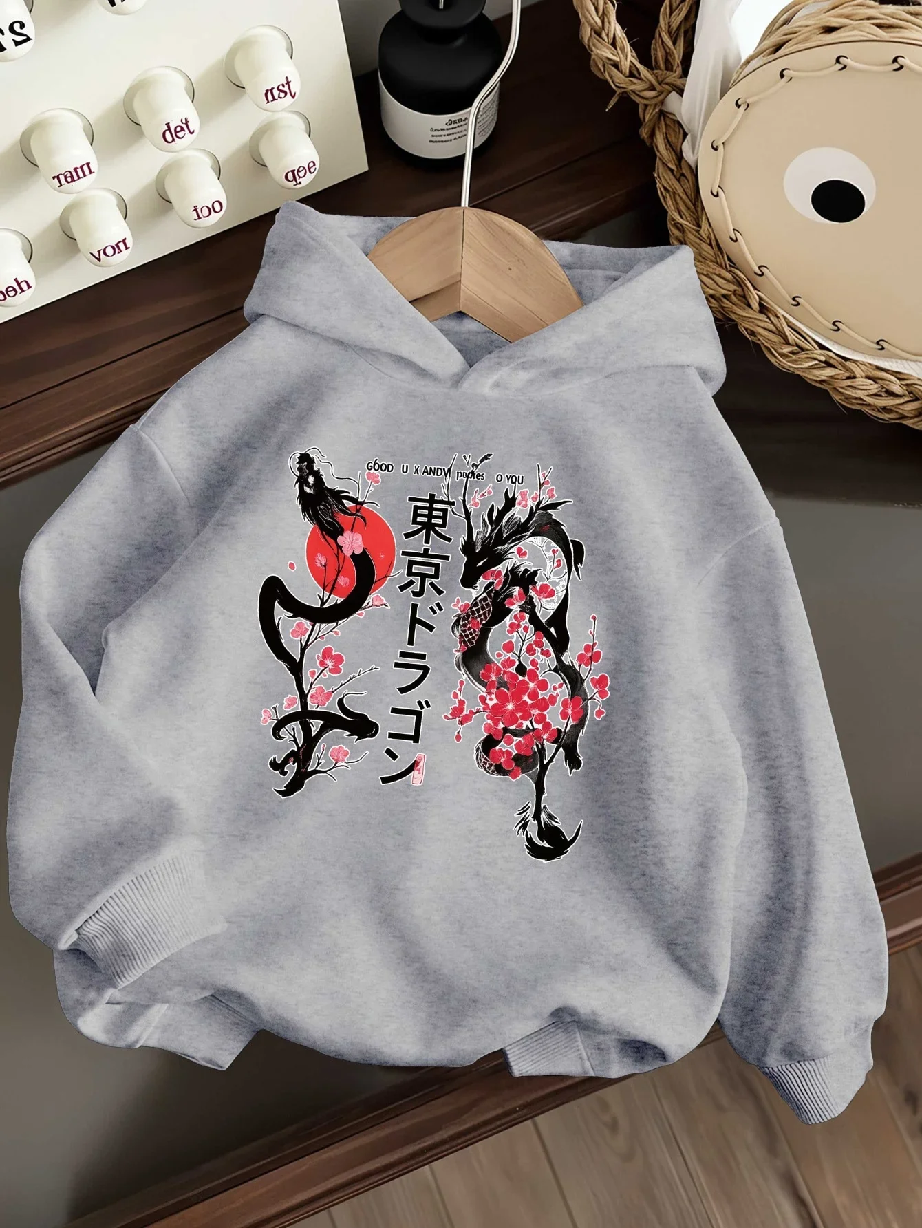 Japanese Ink Dragon Kids Hoodie Cherry Blossom Red Sun Chest Print Autumn Winter Fleece Warm Casual Hooded Sweatshirt
