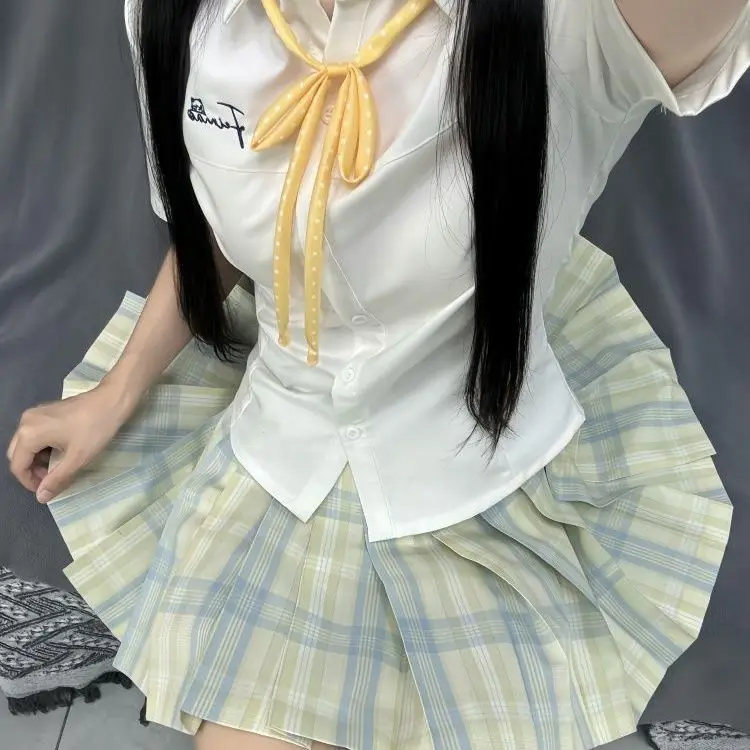 Koszula z haftem w talii Krótki rękaw Spódnica w stylu college Slim Mundurek JK Damski Garnitur Śliczny Strój do Odgrywania Ról Spódniczka w Kratę Studentka Japońska