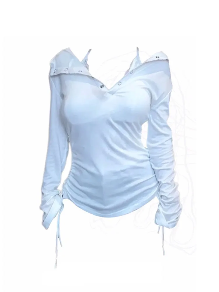 American Style Y2k Fashion Hooded Design T-Shirts Harajuku Women Solid Long Sleeve Slim Tees Autumn 2024 Sweet Gyaru Corset Tops