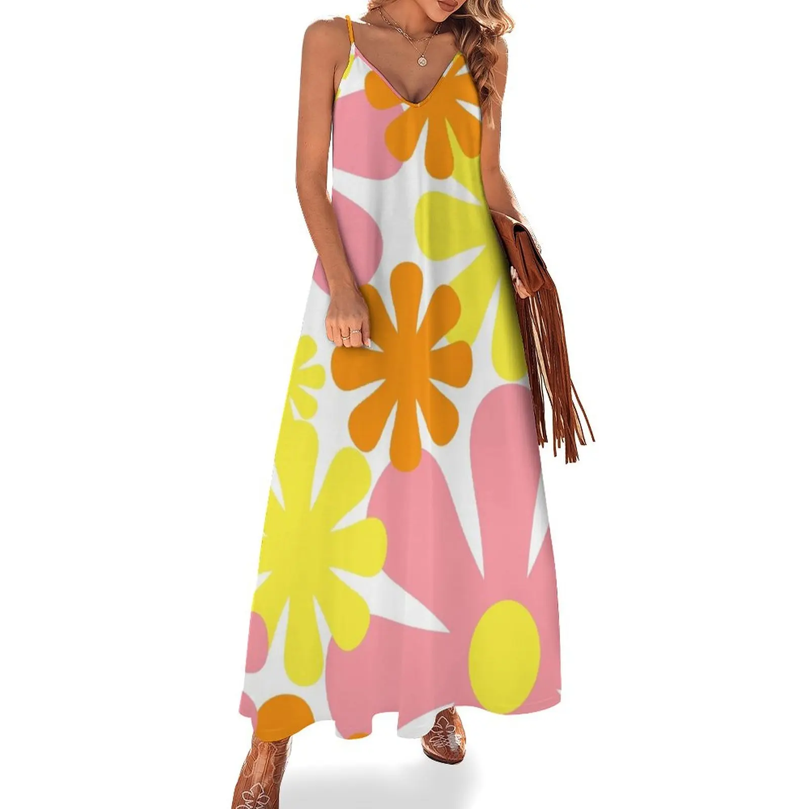 

Retro 60s 70s Flowers Vintage Style Floral Pattern Pink Yellow Orange White Sleeveless Long Dress evening dress woman Dress