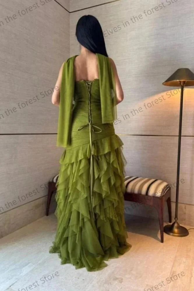 Robes de soirée arabes vertes simples, ligne A plissée, sans manches, robes de bal pour femmes, à volants formels, robes d'invitées de mariage personnalisées