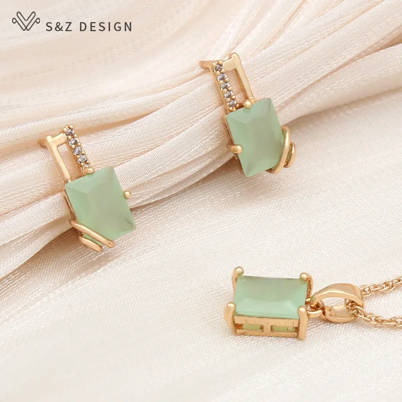 S&Z DESIGN New Champagne Gold Color Rectangle Crystal Dangle Earrings Jewelry Sets For Women Wedding Zirconia Pendant Necklace