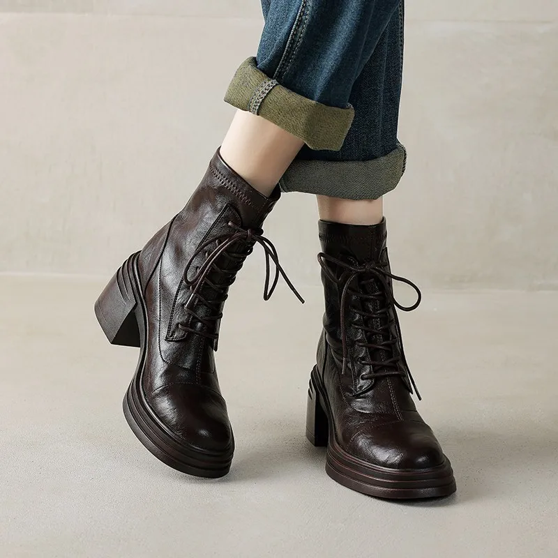Bottines vintage chaudes à plateforme et talon épais, extensibles, fines, à lacets, style escarpin