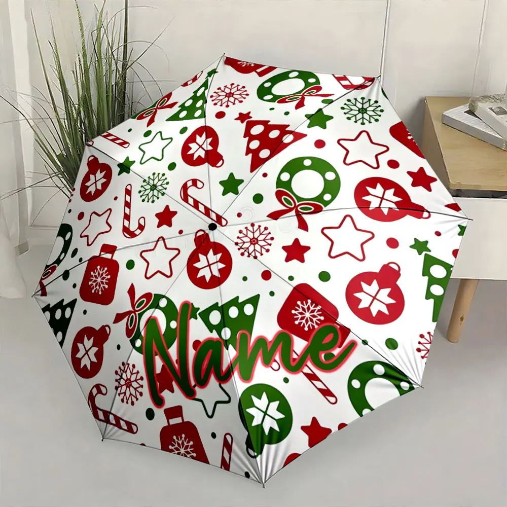 Custom Name Festive Umbrella with Christmas-Themed Pattern Design Print 8 Iron Ribs Folding Umbrella Auto-Open Fashion Sunshade
