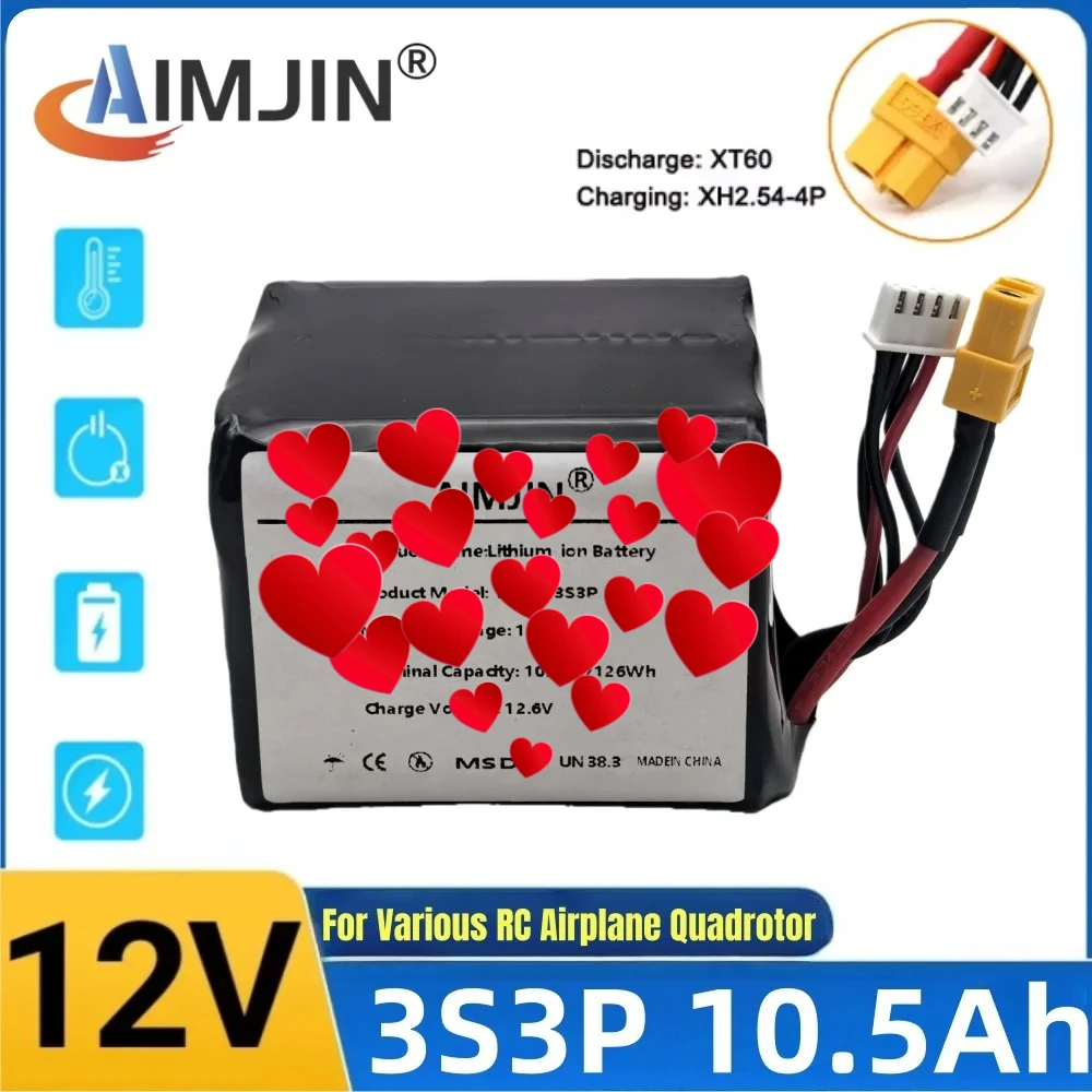

3S3P 12V 10500mAh High Capacity UAV Rechargeable Li-ion Battery for Various RC Airplane Quadrotor, with Connector XH2.54+XT60
