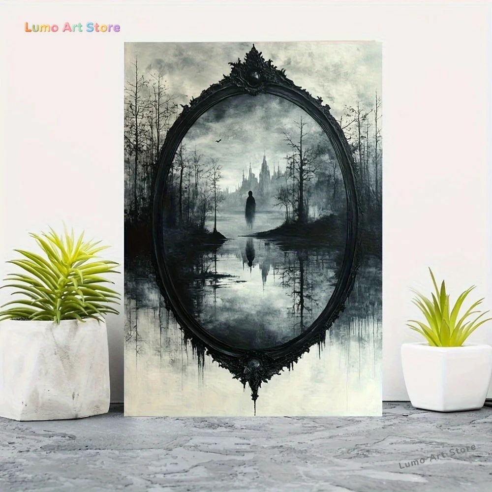 2D Flat, 2D Flat, 2D Flat 1pc, Gothic Mirror Canvas Painting Featuring a Spooky Figure, Monochrome Artwork, Halloween Decor
