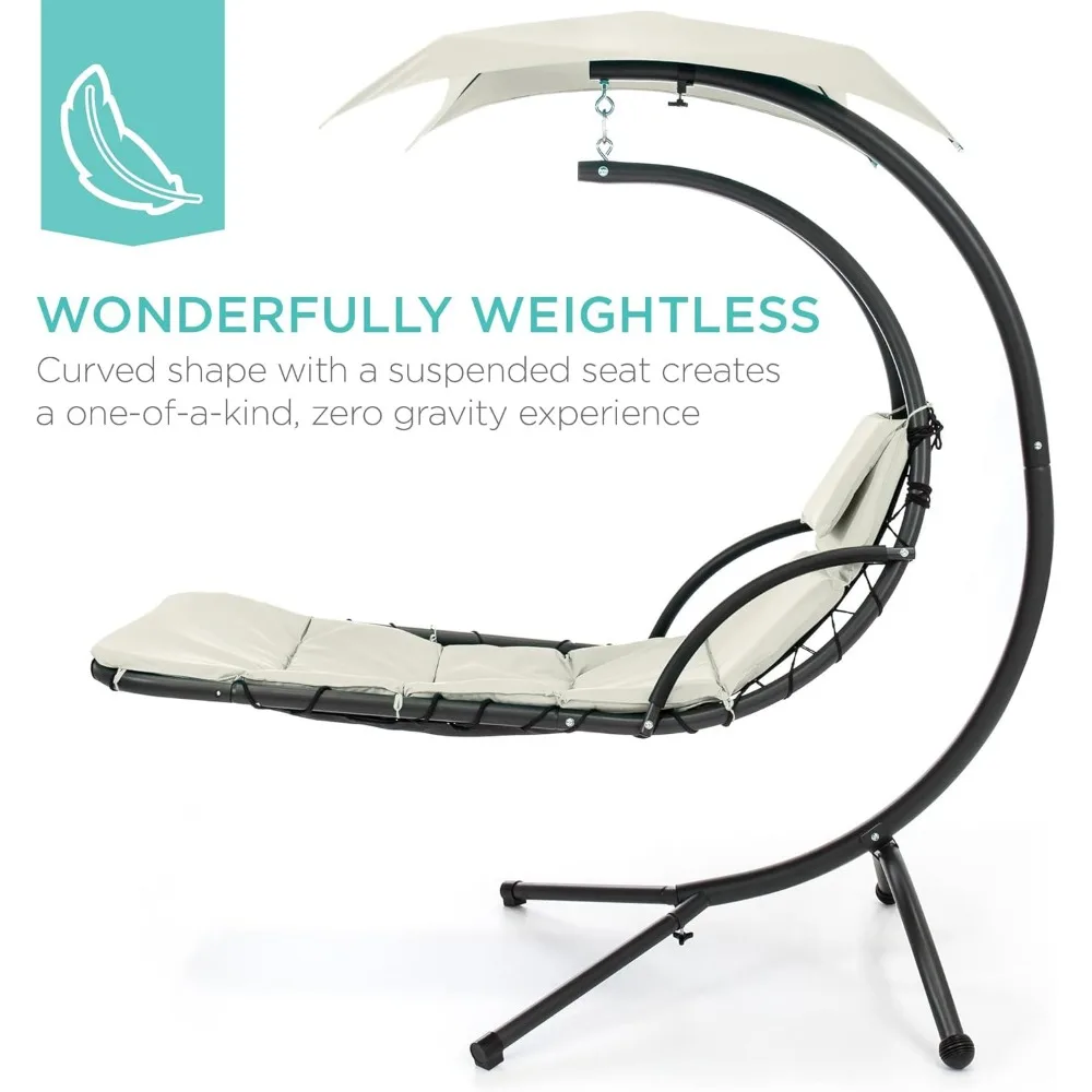 أرجوحة كرسي استرخاء من الفولاذ المنحني في الهواء الطلق مع وسادة مدمجة ومظلة قابلة للإزالة، لون عاجي، مثالية للاسترخاء فيك #3