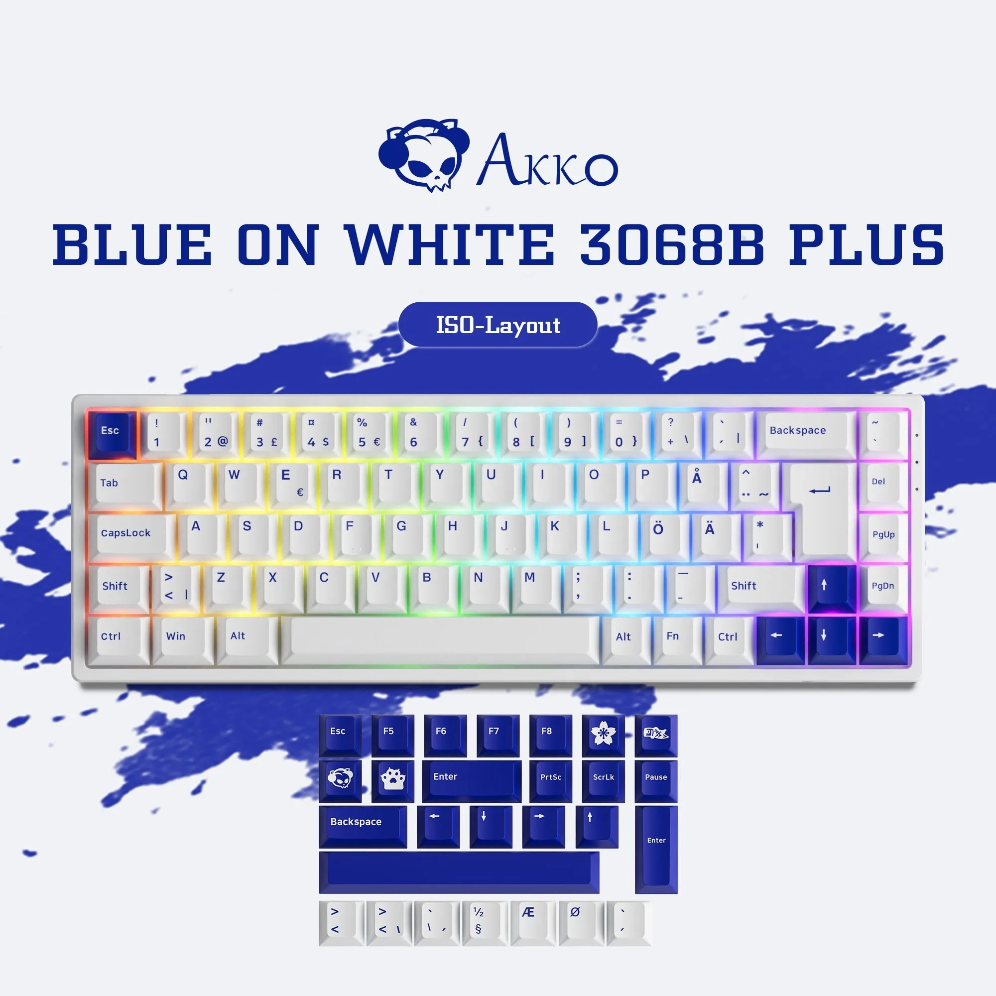 Imagem -06 - Akko 3068b Mais Azul no Branco Personalizado sem Fio de uk Nordic Layout Mecânico Gaming Keyboar Iso Rgb Quente-swap bt 5.0 2.4ghz Usb-c