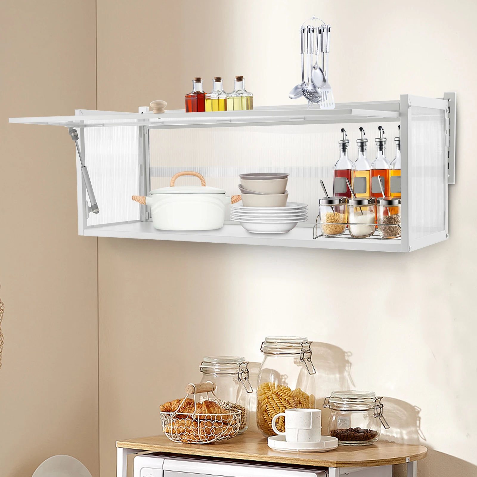 Wall Mount Storage Cabinet  Translucent Strip Books Cabinet Bathroom Kitchen Cupboard Flip-up Design