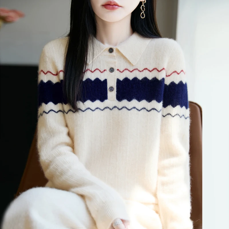 TLOML 패션 여성용 울 하프 버튼 턴다운 칼라 풀오버 캐시미어 스웨터 가을 겨울 100% 메리노 울 니트 캐주얼 탑