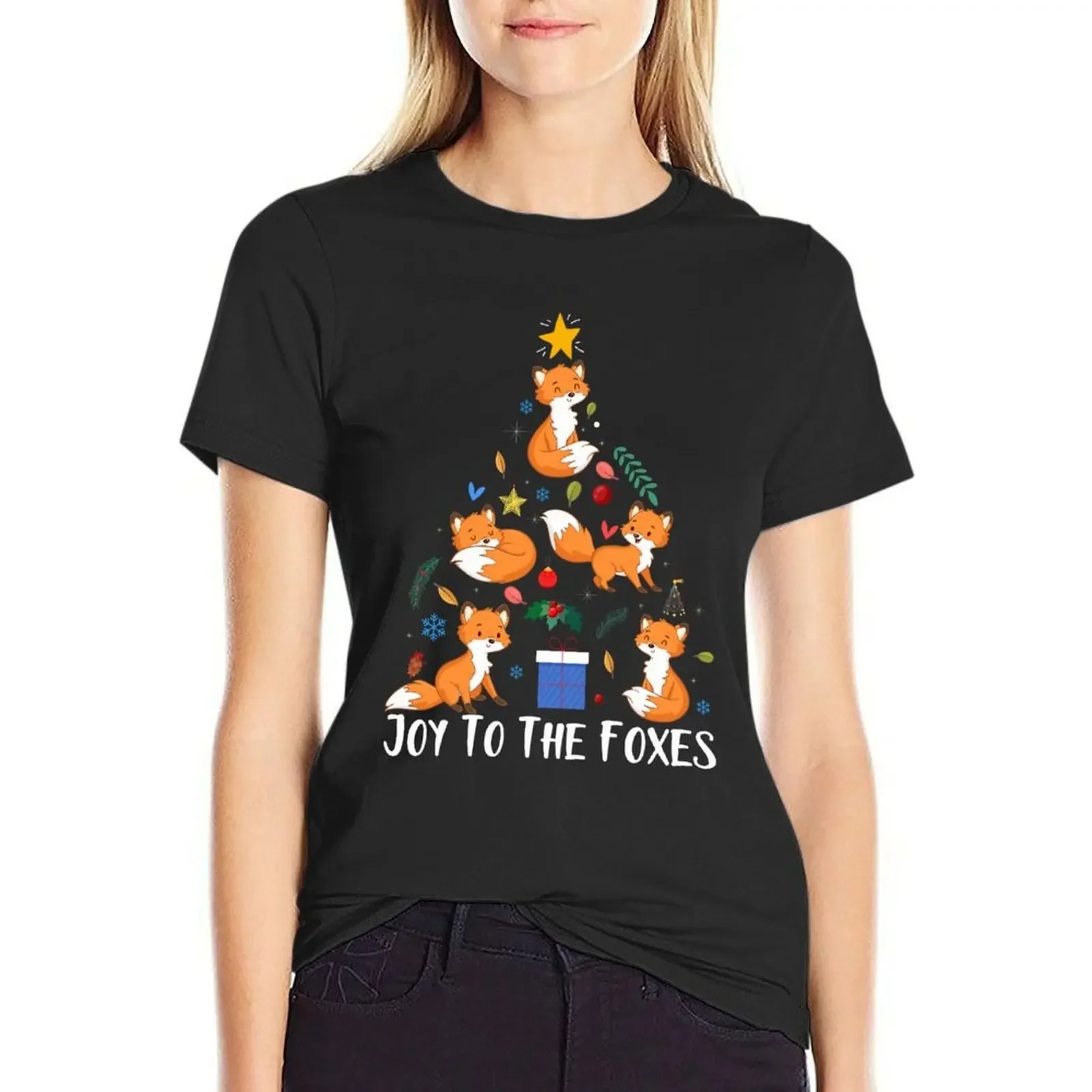 

Joy To The Foxes Christmas Tree T-Shirt animal print shirt for girls anime clothes funny tight shirts for Women