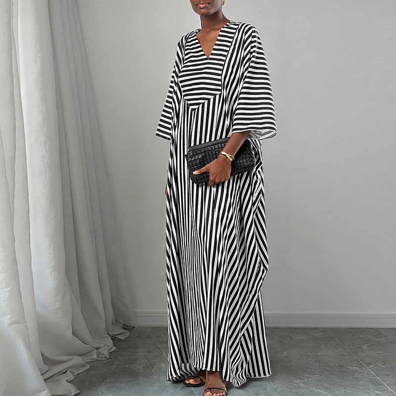 نمط طباعة السيدات الخامس الرقبة رداء فضفاض فستان عادية بأكمام طويلة عالية الخصر عطلة فستان أنيق الخريف البوهيمي فستان ماكسي #4