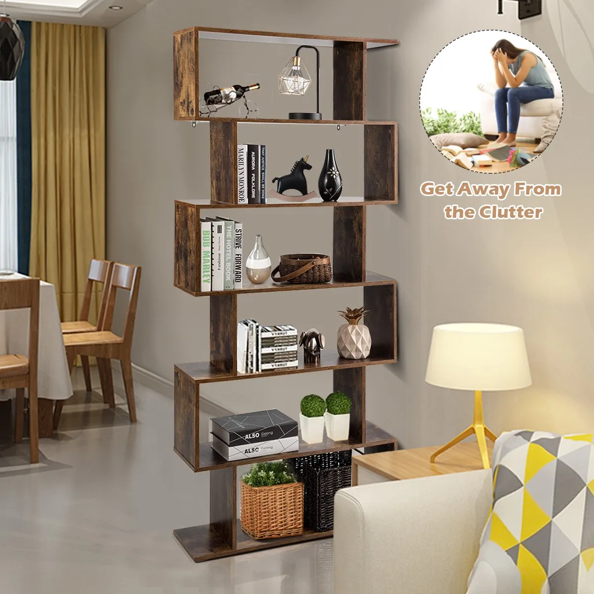 

6 Tier Home S-Shaped Bookcase Living Room Unique Design Display Bookshelf Brown