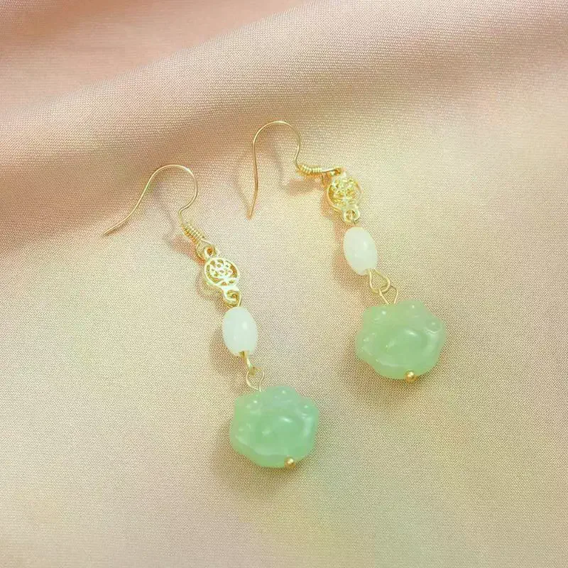 Green Resin Dangle Earrings Vintage Lucky Design: White Bead Accent Women Daily Wear Party Gift