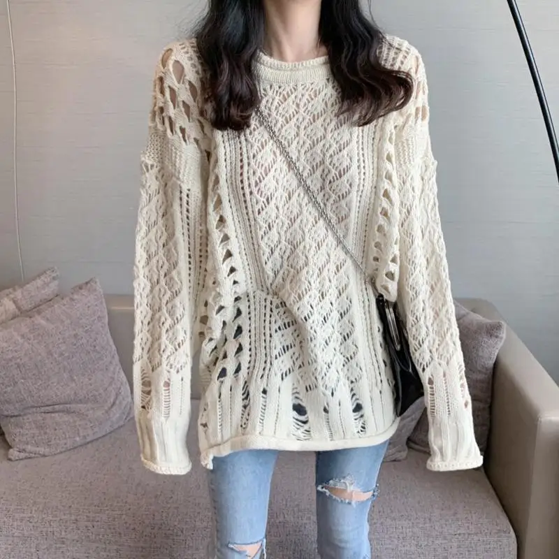 Stylish Hollow Out Loose Sweaters Women\'s Clothing Casual O-Neck Spring Autumn New Long Sleeve Basic Solid Color Knitted Jumpers