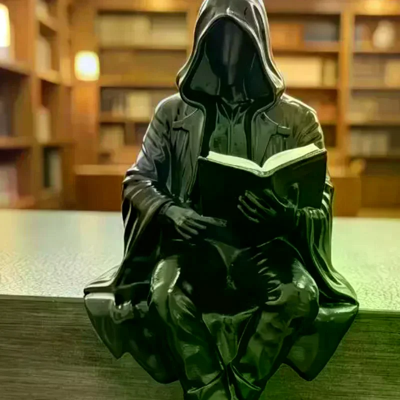 Grim Reaper Reading Statue Resin Black Hooded Skull Miniature Halloween Desktop Gothic Decor