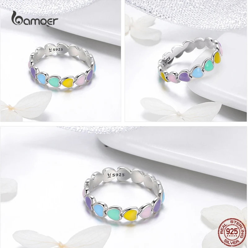 Bamoer New Fashion Rainbow Heart-Shape Silver Ring for Women Real 925 Sterling Silver Colorful Star Ring Fine All-Match Jewelry