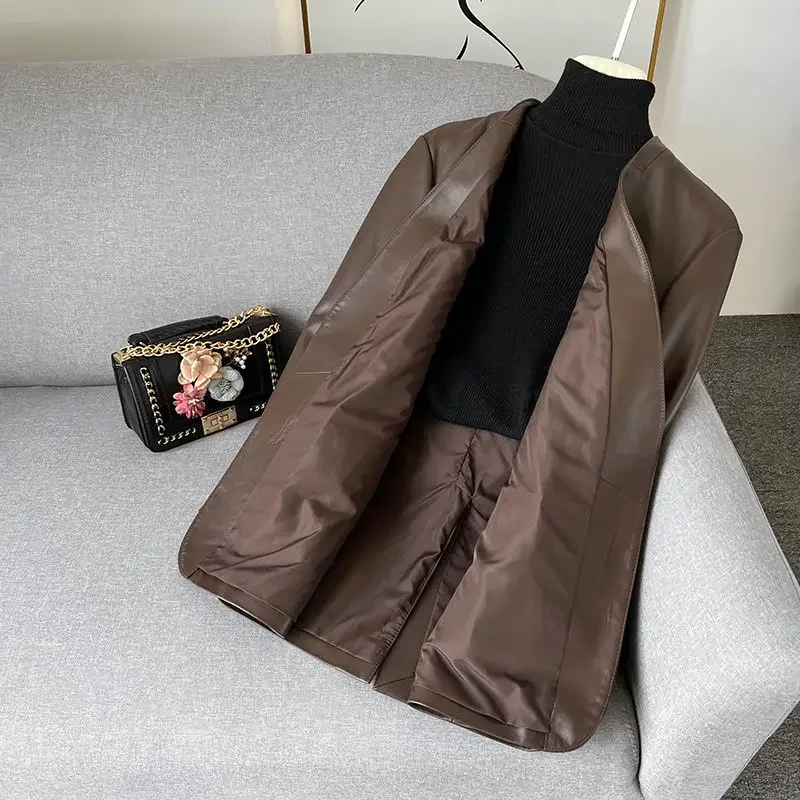 French Elegant Luxury Pu Leather V-neck Long Sleeve Slim Waist Loose Straight Female Jackets Office Ladies Blazer Coats Jackets