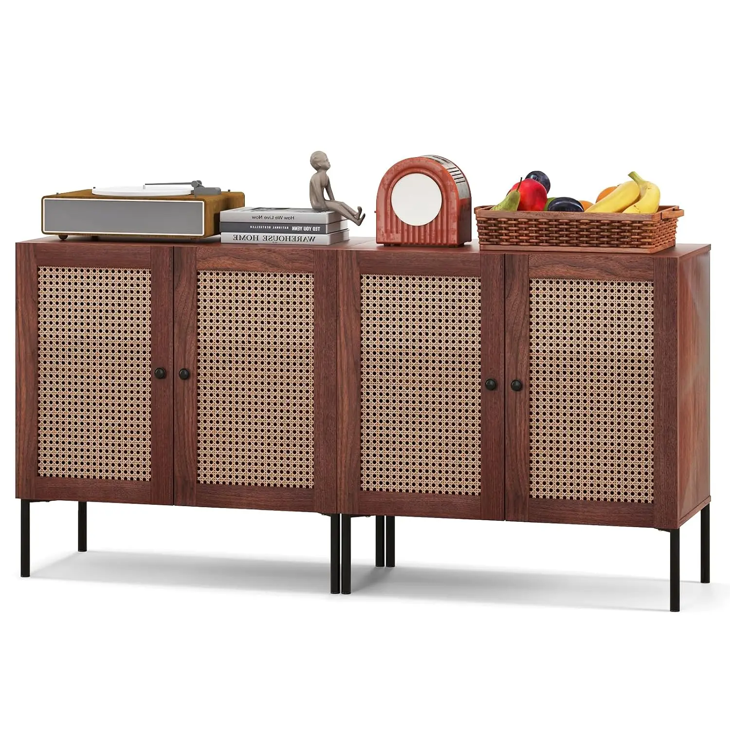 Buffet Cabinet Rattan Door Set 2, Sideboard Adjustable Shelf Metal Legs Coffee Bar Kitchen Hallway, Customized