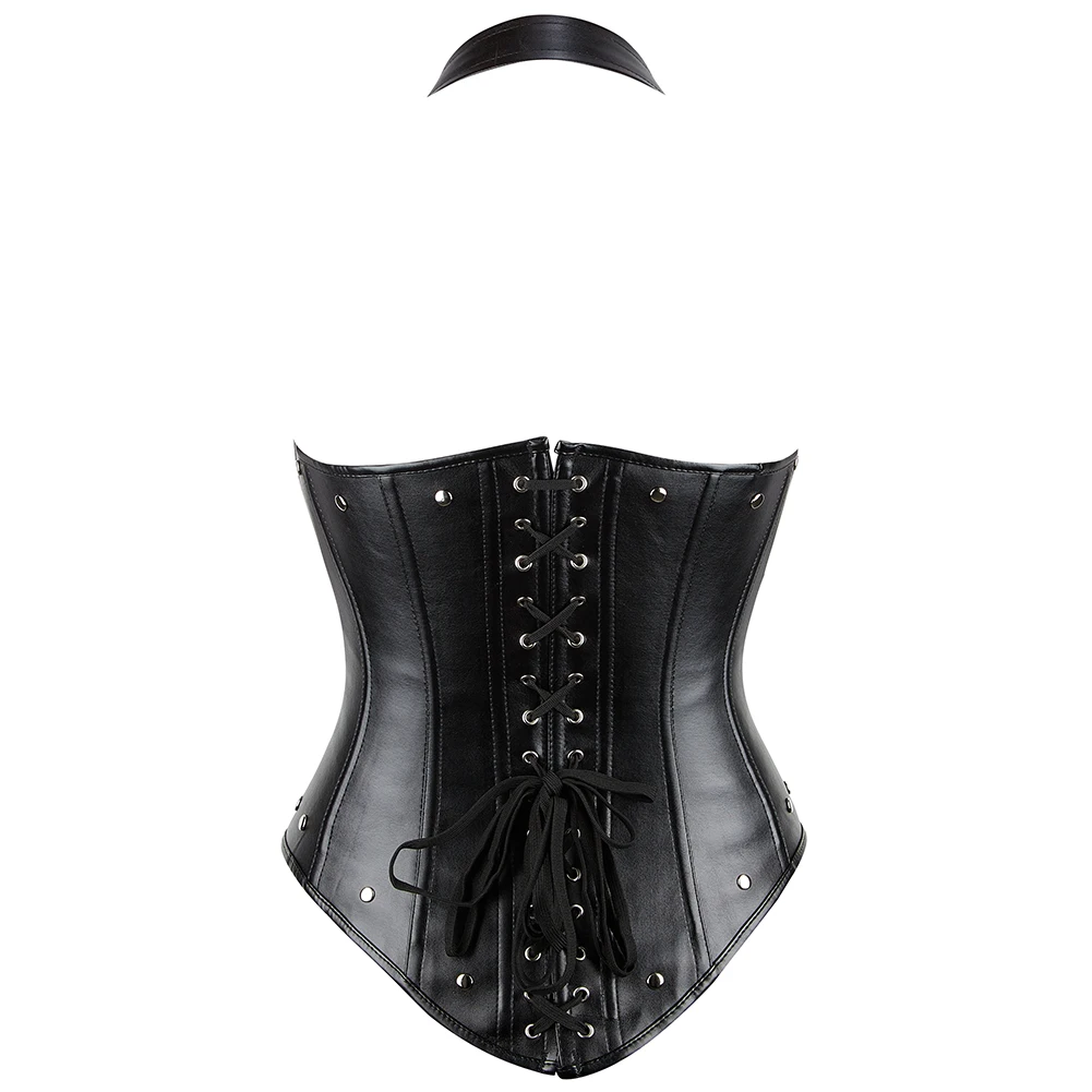 Black Red Steampunk Steel Boned Waist Trainer Cincher Shaper Halter Vest Faux Leather Underbust Corset