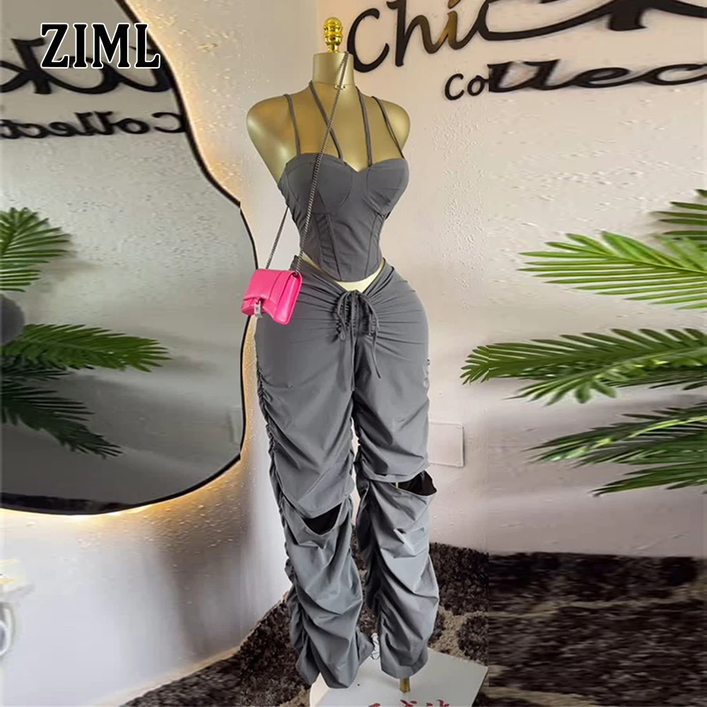 

ZIML однотонные комплекты из двух предметов для женщин, короткие топы без рукавов с лямкой на шее, свободные брюки с высокой талией, шикарный комплект, женский модный стиль