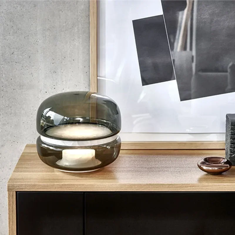 Luxury Designer Marble Macaron Table Lamp Smoky Grey Amber Glass LED Night Light for Bedroom Bedside Living Room Home Decor