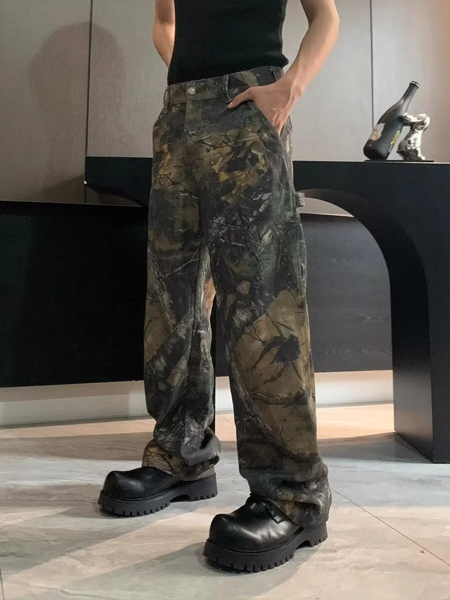 Retro American Street Sle Camouflage Loose Wide Leg Straight Workwear Pants Men Women Vintage Dirfit Youth Casual Jeans