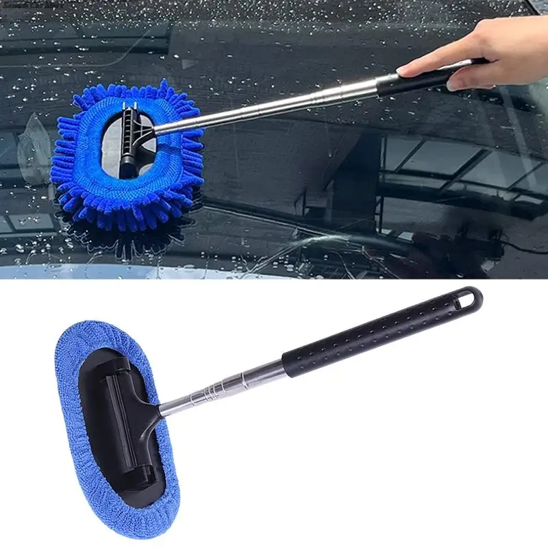 

3 in 1 Car Cleaning Brush Telescopic Long Handle Mop Chenille Wash Brush Broom Detailing Super Absorbent Rearview Mirror Scraper