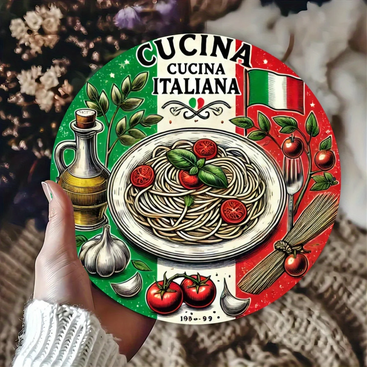 1 Stück rundes Metallschild der italienischen Küche – rustikale Aluminium-Wandkunst mit HD-Druck, wasserdicht und rostbeständig, Vintage-Spaghetti &