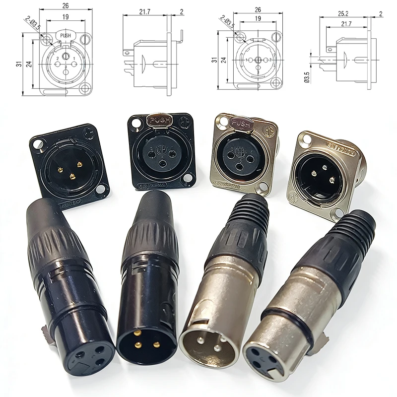 1PCS 3Pin Male Female Audio Cable Plug Connector Cable Termination Black Silver Microphone Pure Copper Gold-Plated