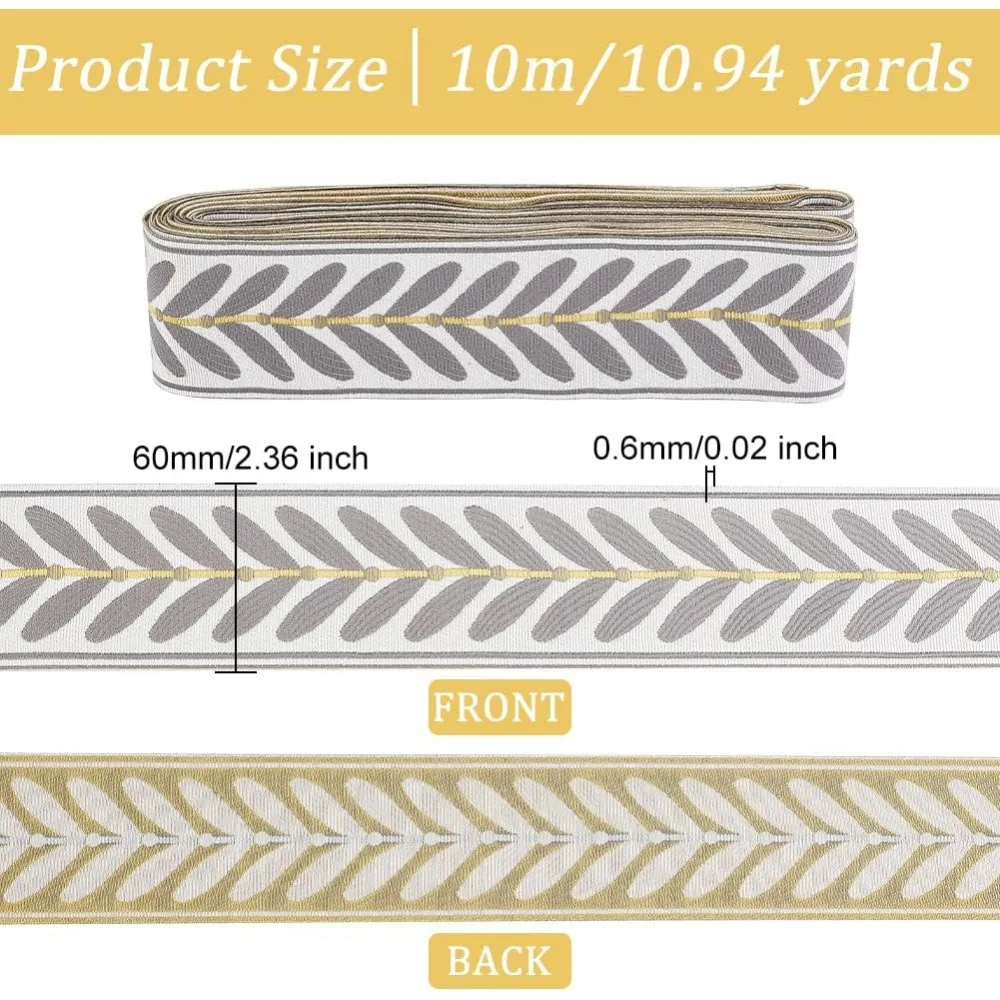 10.9Yards Jacquard Ribbon Trim 2.4 Inch Leaf Pattern Jacquard Polyester Ribbons Grey White Leaf Jacquard Woven Embroidery Trim