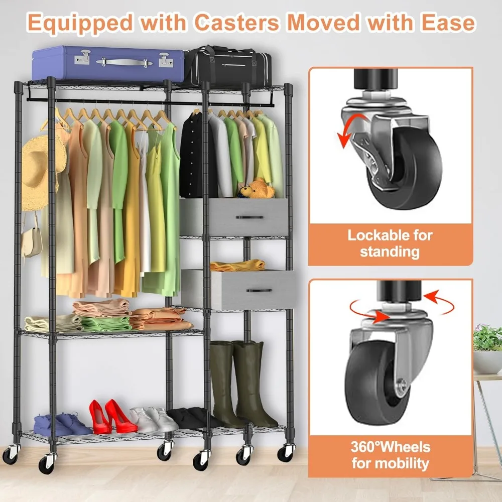 Rak Pakaian Tugas Berat dengan Rak, Rak Pakaian dengan Laci, Rak Pakaian dengan Roda, Rak Penyimpanan Pakaian Portabel