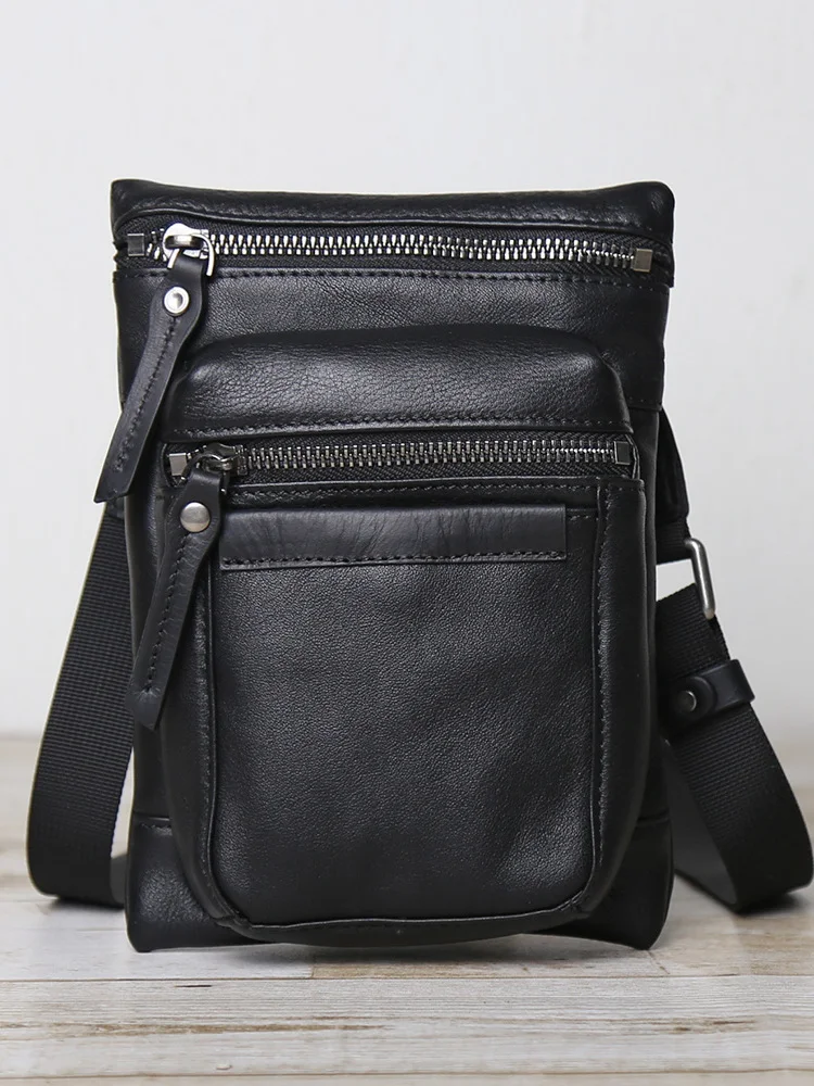 

Genuine Leather Men's Crossbody Bag Vertical Square Top Layer Cowhide Multi-Functional Anti-Theft Zipper Waist Bag Bla