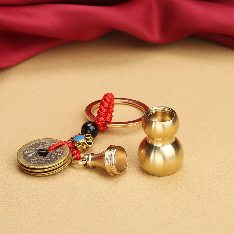 Feng Shui Five Emperors Money Copper Gourd Keychain Wealth Ox Statue and Wu Lou Gourd Calabash With Brass Coins