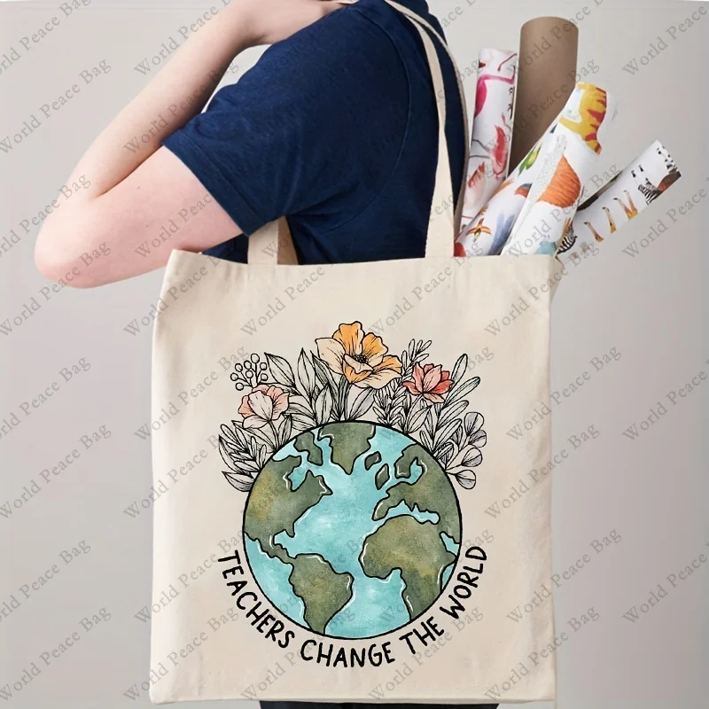 Teachers Change The World Shopping Bag, Casual Canvas Shoulder Bag Reusable Foldable Storage Tote Bag Handbag, Gift For Teacher