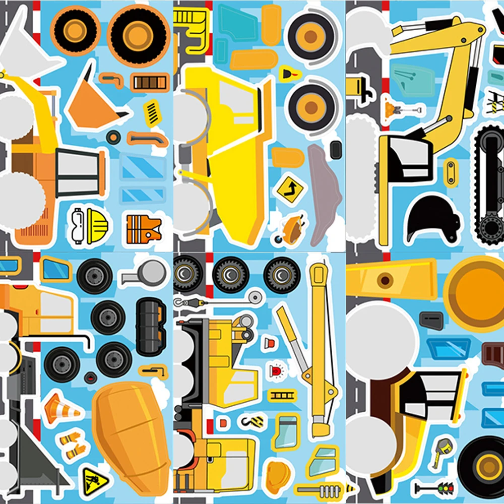

8/16sheets Cartoon Engineering Vehicles Puzzle Stickers Children Make a Face Funny Truck DIY Assemble Jigsaw Toy Kid Party Gift