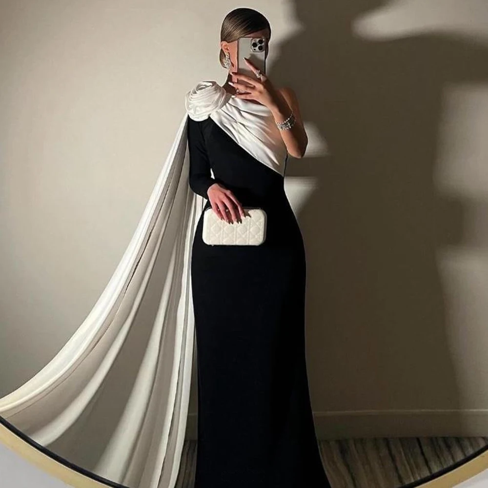 

Customized SImple Black Jersey Mermaid Evening Dress For Women Trumpet One-Shoulder Floor Length With Flower Party Prom Gown