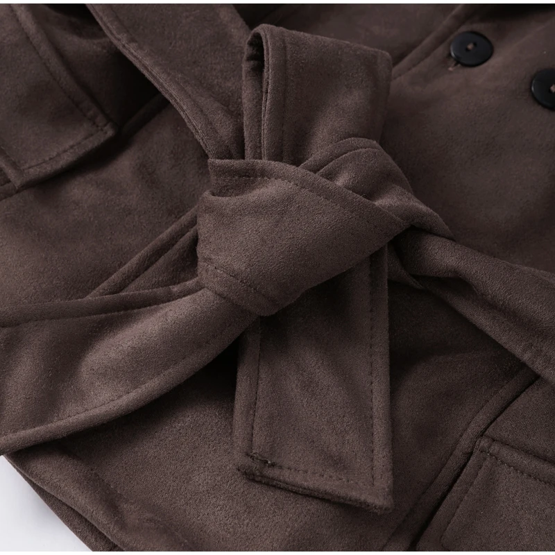 Frauen Braun Wildleder Abgeschnitten Trenchcoat Jacke Gürtel Kerb Revers Spitze-up Retro Chic Oberbekleidung Herbst Winter High – Detail 9