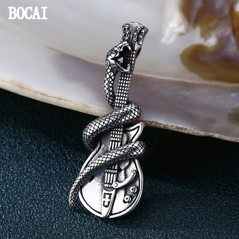 BOCAI New S925 Sterling Silver Vintage Distressed Creative Snake Guitar Pendant Men