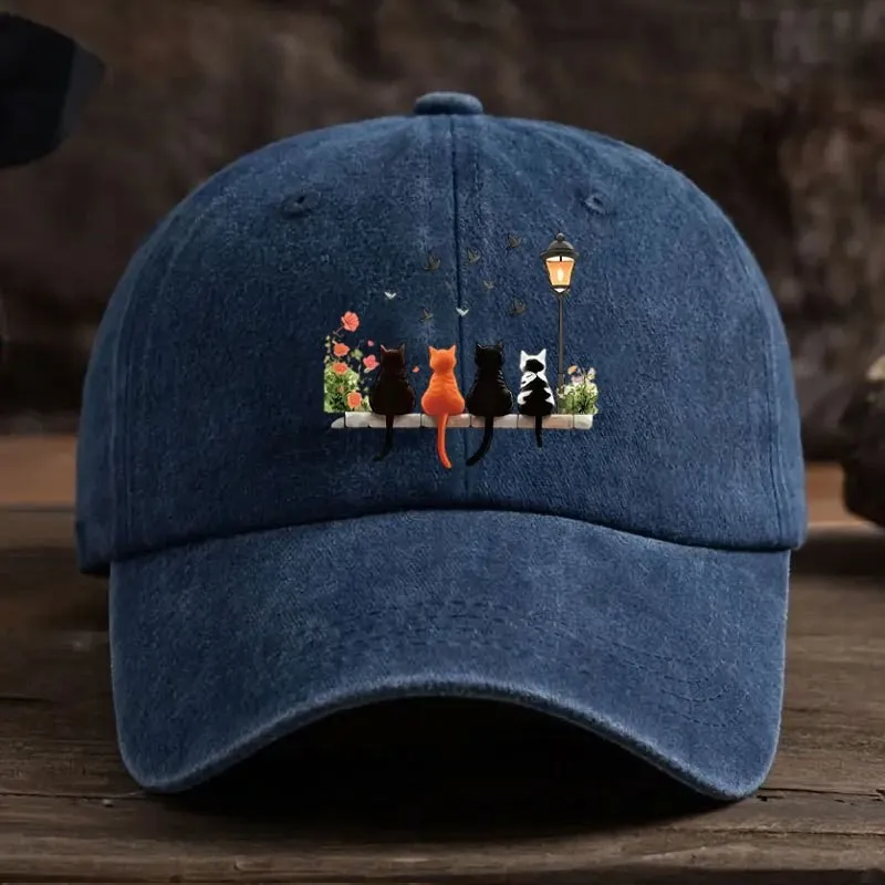 Four Cats Sitting By Lantern Baseball Cap Aesthetic Cartoon Garden Print Cotton Adjustable Outdoor Unisex Cap