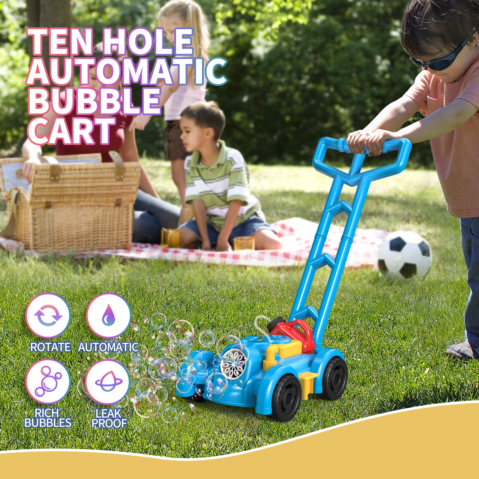 Children Bubble Lawn Mower, Electronic Bubble Blower, Outdoor Summer Push Backyard Gardening Toys, （No Bubble Solution）