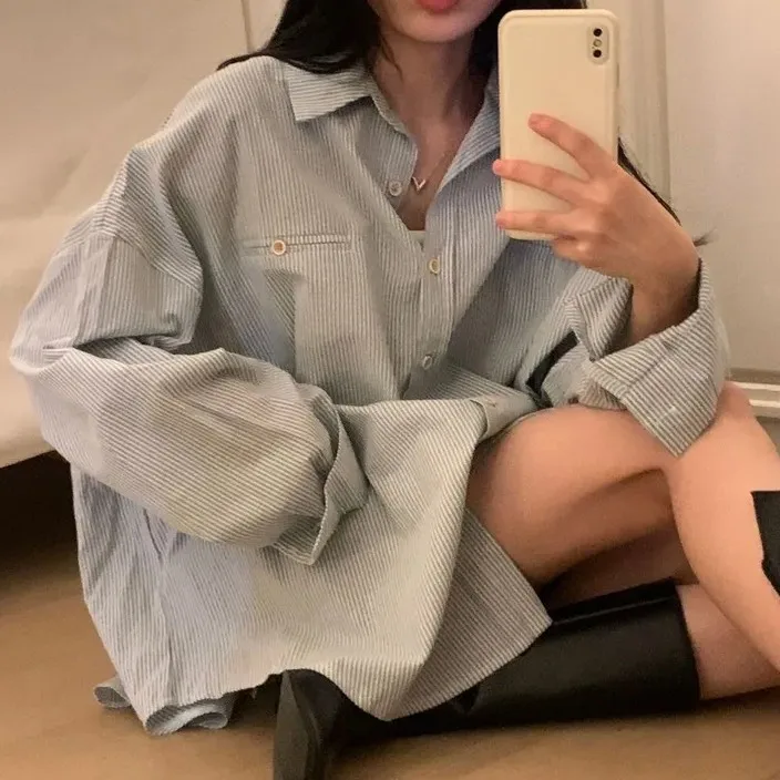 Blue Striped Loose Long Sleeve Women's Shirt Korean Style Design Sense Top Sensation Fashionable Casual Businesswear