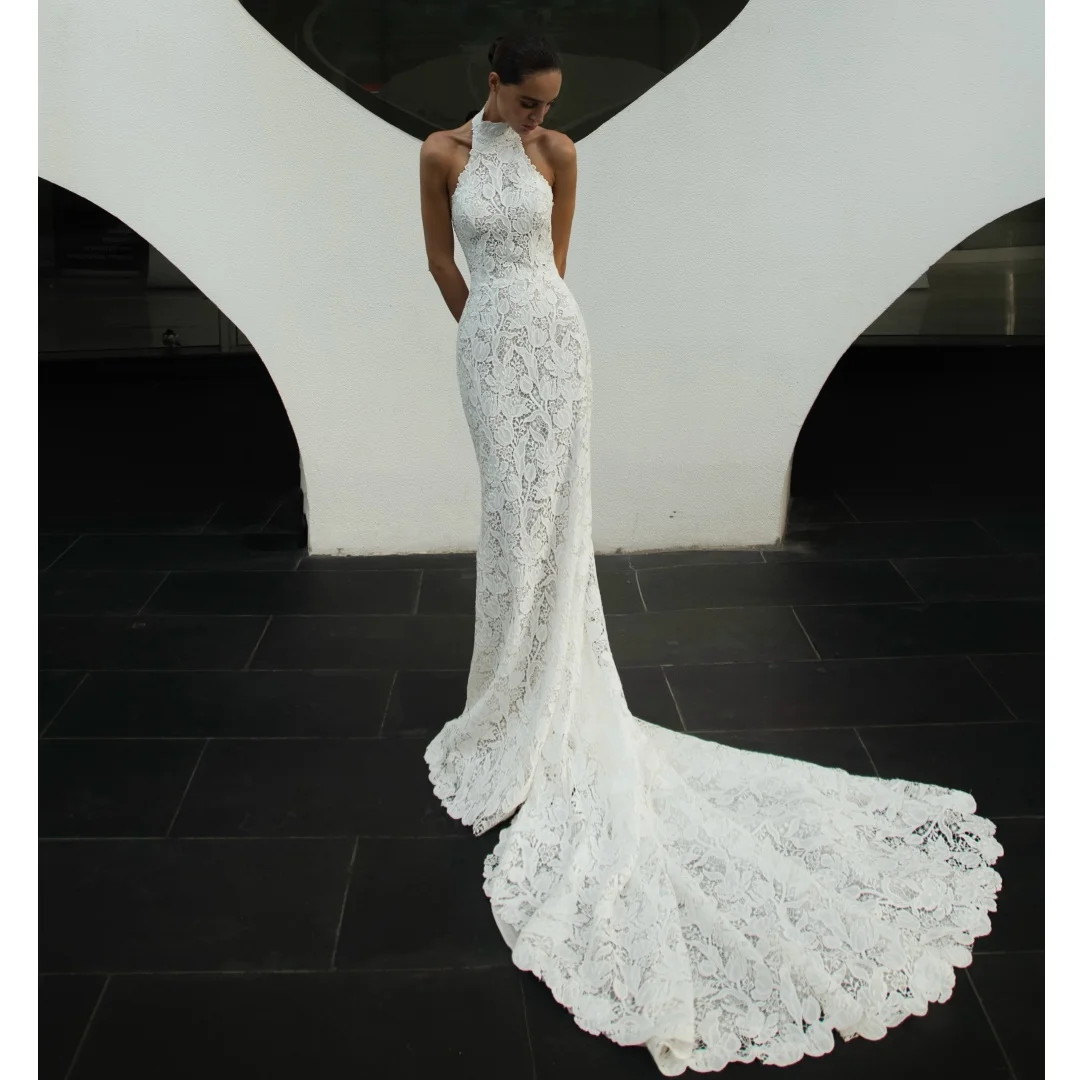 

Mermaid Wedding Dresses Elegant Lace Halter Neck Bridal Gown Detachable Train Sleeveless Luxury robe de mariée Customized