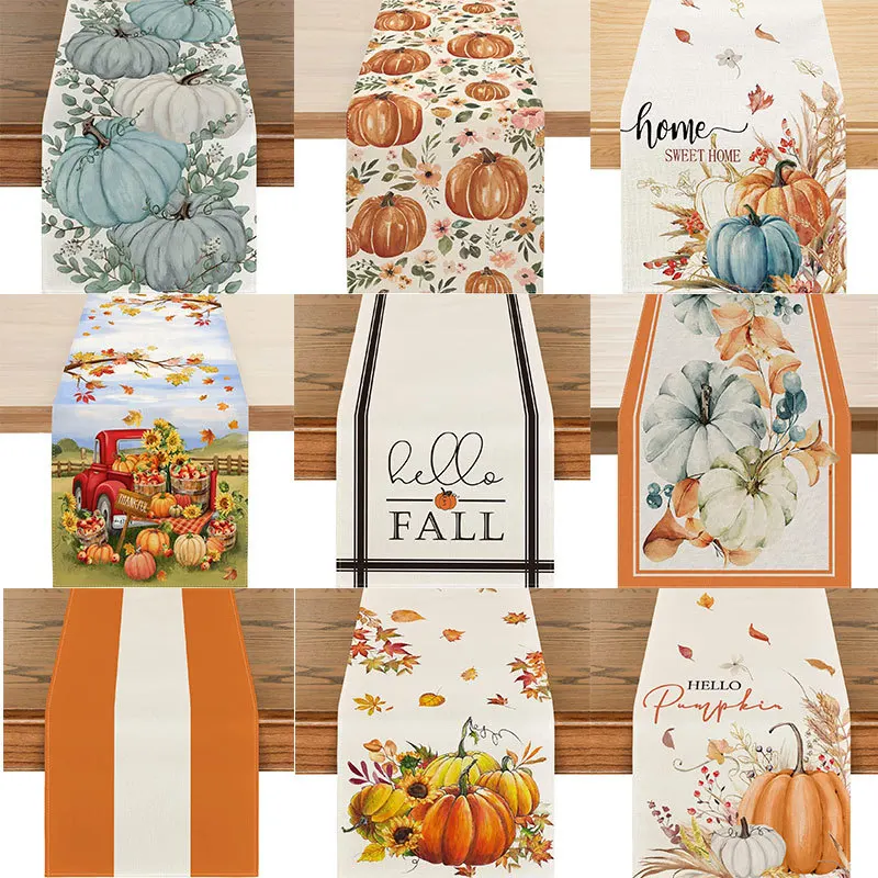 Autumn Thanksgiving Table Runner Linen Buffalo Plaid Pumpkins Mushrooms Dining Table Decoration Indoor Outdoor Tablecloth