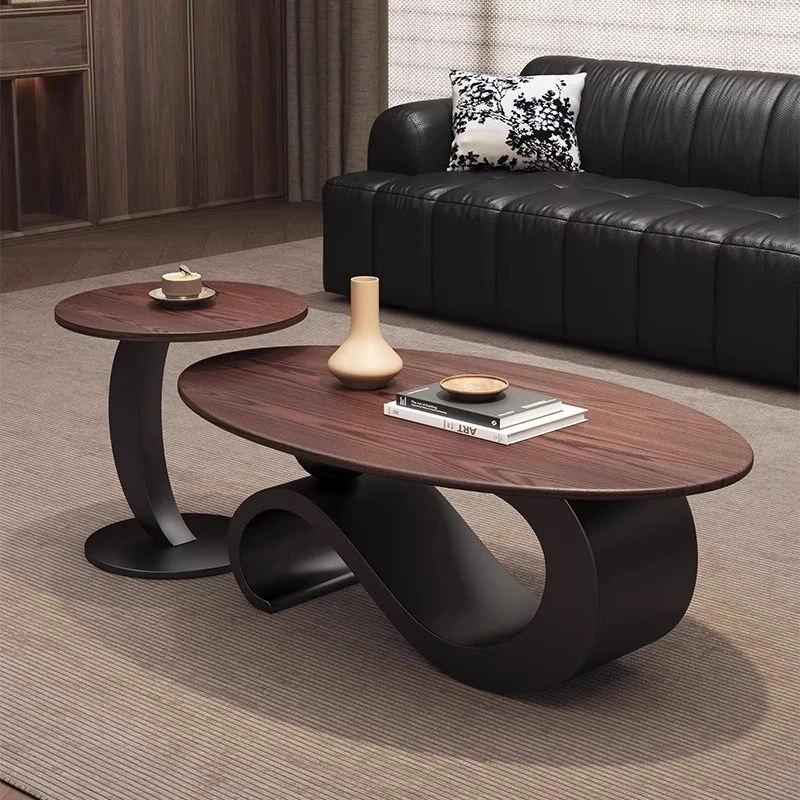 

French antique oval solid wood coffee table walnut color home living room small apartment simple high-end combination